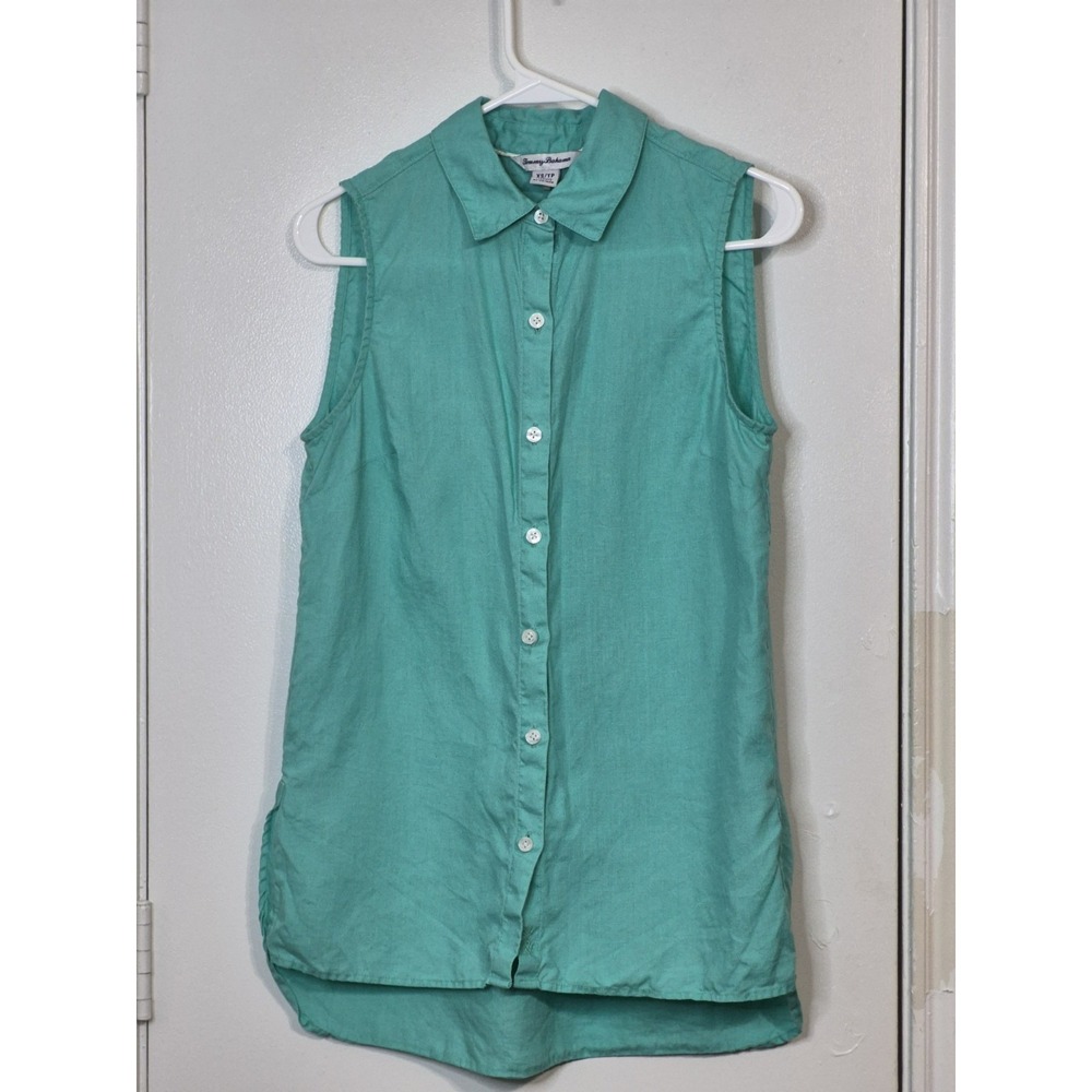 Tommy Bahama 100% Linen Button Down Sleeveless Shirt XS Aqua Breezy Beachy